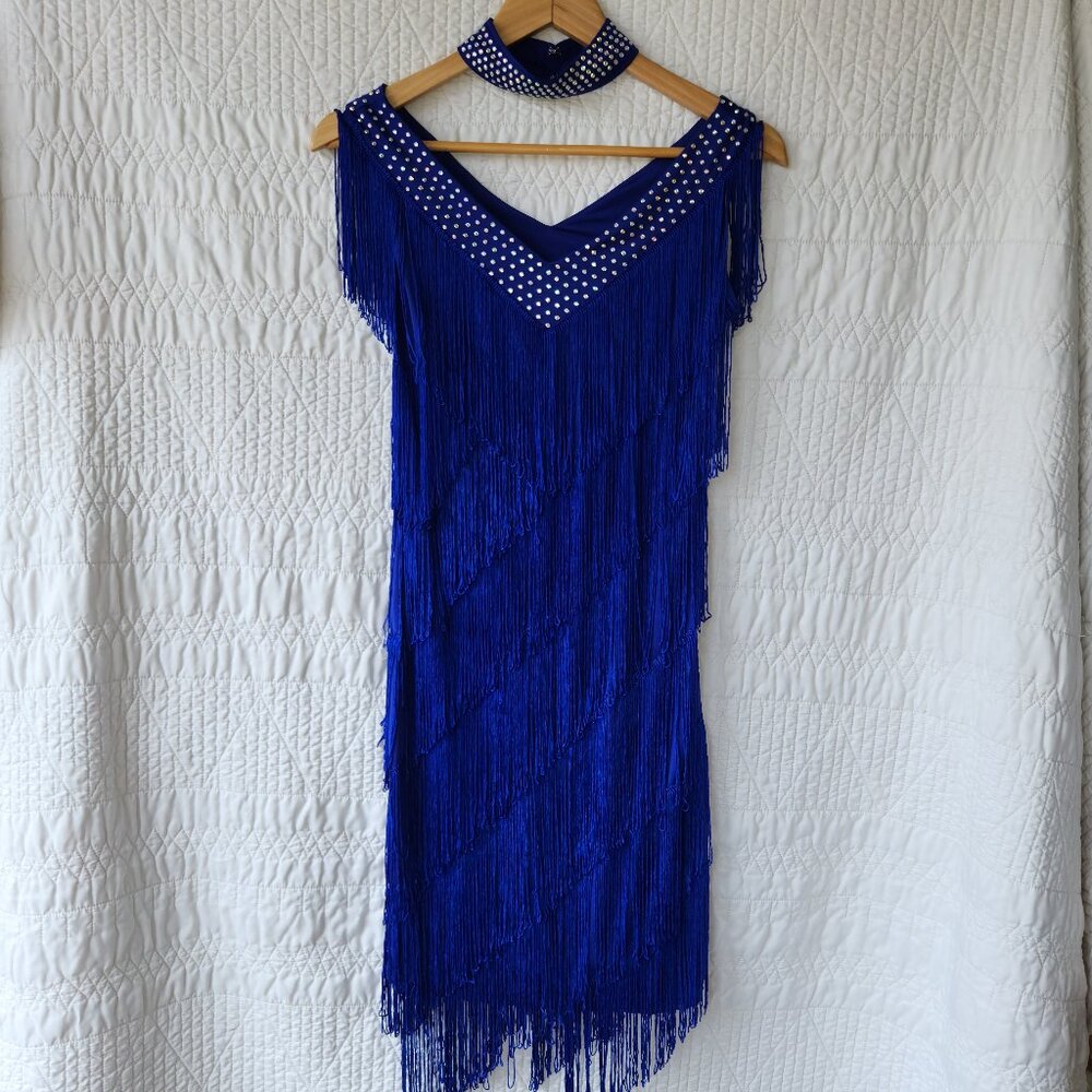 Blue Fringe Flapper Costume Dress – Rhinestone Detail, Gatsby / Dance